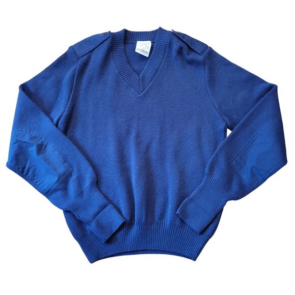 Military Equipment Corporation America 40R Wool Blue V Neck Sweater Button Epaul - Picture 1 of 7